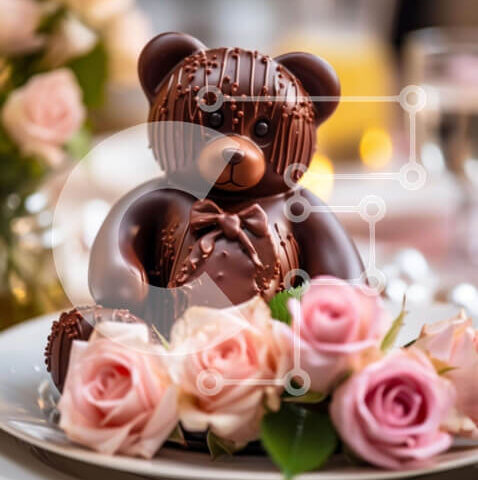 Intra Συλλεκτικό Ξύλινο Παζλ Plywood  4mm - Σοκολατένιο αρκουδάκι σε διακοσμημένο πιάτο με ροζ τριαντάφυλλα Σε Ξύλινο Κουτί - Διαστάσεις: 10x10 cm – 25 κομμάτια - Image 1