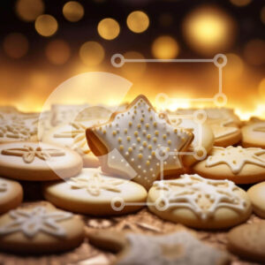 Intra Συλλεκτικό Ξύλινο Παζλ Plywood  4mm - Ομάδα διακοσμημένων μπισκότων σε πορτοκαλί φόντο με φωτισμό Bokeh Σε Ξύλινο Κουτί - Διαστάσεις: 10x10 cm – 25 κομμάτια