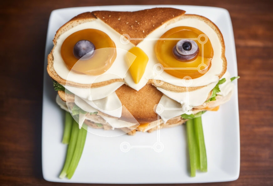 Intra Συλλεκτικό Ξύλινο Παζλ Plywood  4mm - Σάντουιτς σε σχήμα κουκουβάγιας με πράσινα λαχανικά σε ένα άσπρο πιάτο Σε Ξύλινο Κουτί - Διαστάσεις: 10x10 cm – 25 κομμάτια