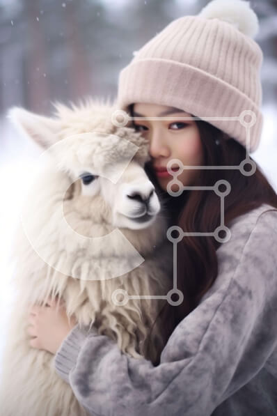 Intra Συλλεκτικό Ξύλινο Παζλ Plywood  4mm - Νεαρή γυναίκα που αγκαλιάζει το αλπακά στο χιόνι Σε Ξύλινο Κουτί - Διαστάσεις: 10x10 cm – 25 κομμάτια