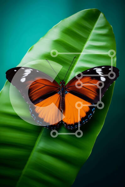 Intra Συλλεκτικό Ξύλινο Παζλ Plywood  4mm - Πορτοκαλί και μαύρη πεταλούδα σε πράσινο φύλλο με μπλε φόντο Σε Ξύλινο Κουτί - Διαστάσεις: 10x10 cm – 25 κομμάτια