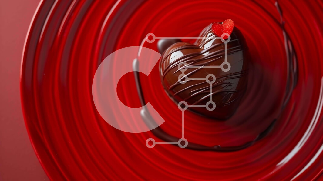 Intra Συλλεκτικό Ξύλινο Παζλ Plywood  4mm - Μαύρη σοκολάτα σε σχήμα καρδιάς σε στροβιλισμένο κόκκινο φόντο Σε Ξύλινο Κουτί - Διαστάσεις: 10x10 cm – 25 κομμάτια