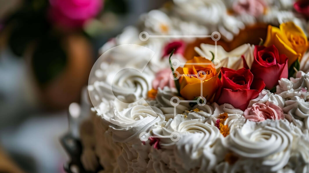 Intra Συλλεκτικό Ξύλινο Παζλ Plywood  4mm - Λευκό κέικ με κόκκινα, κίτρινα και πορτοκαλί τριαντάφυλλα Σε Ξύλινο Κουτί - Διαστάσεις: 10x10 cm – 25 κομμάτια