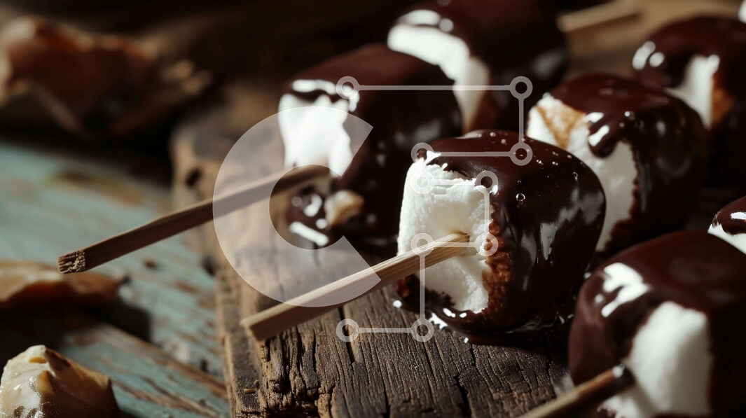 Intra Συλλεκτικό Ξύλινο Παζλ Plywood  4mm - Marshmallows και φιστίκια καλυμμένα με σοκολάτα σε ένα ξύλινο τραπέζι Σε Ξύλινο Κουτί - Διαστάσεις: 10x10 cm – 25 κομμάτια