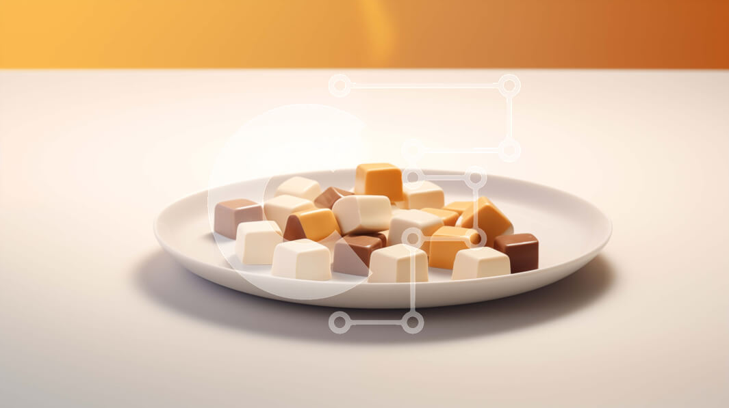 Intra Συλλεκτικό Ξύλινο Παζλ Plywood  4mm - Ανάμικτες καραμέλες σε κύβους και ψωμί σε ένα πιάτο Σε Ξύλινο Κουτί - Διαστάσεις: 10x10 cm – 25 κομμάτια