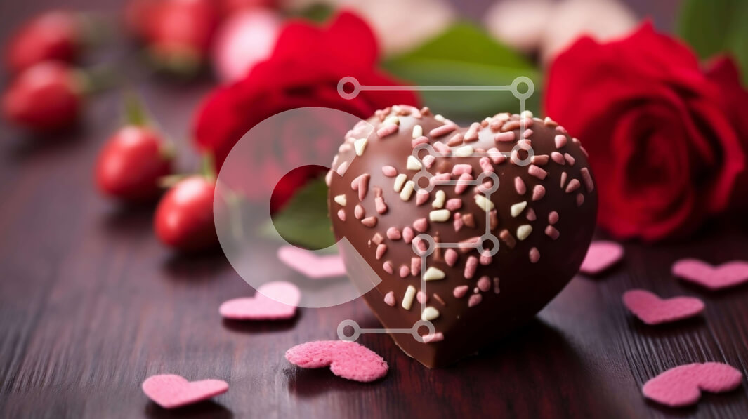 Intra Συλλεκτικό Ξύλινο Παζλ Plywood  4mm - Σοκολάτα σε σχήμα καρδιάς με πασπάλισμα και κόκκινα τριαντάφυλλα την ημέρα του Αγίου Βαλεντίνου Σε Ξύλινο Κουτί - Διαστάσεις: 10x10 cm – 25 κομμάτια