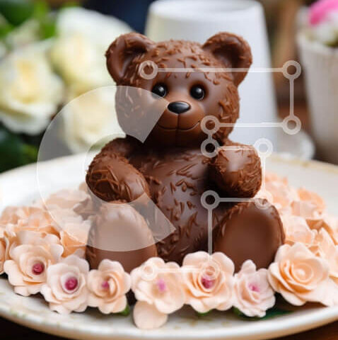 Intra Συλλεκτικό Ξύλινο Παζλ Plywood  4mm - Σοκολατένιο αρκουδάκι και ροζ τριαντάφυλλα στο πιάτο Σε Ξύλινο Κουτί - Διαστάσεις: 10x10 cm – 25 κομμάτια - Image 1