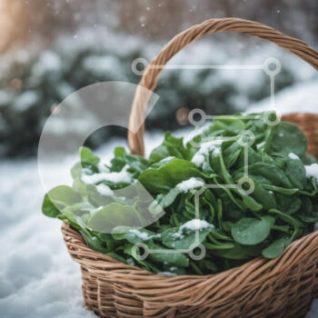 Intra Συλλεκτικό Ξύλινο Παζλ Plywood  4mm - Φρέσκο ​​σπανάκι σε ψάθινο καλάθι σε χιονισμένο έδαφος Σε Ξύλινο Κουτί - Διαστάσεις: 10x10 cm – 25 κομμάτια - Image 1