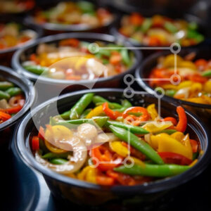 Intra Συλλεκτικό Ξύλινο Παζλ Plywood  4mm - Πολύχρωμα λαχανικά και κρέατα σε μαύρα μπολ Σε Ξύλινο Κουτί - Διαστάσεις: 10x10 cm – 25 κομμάτια