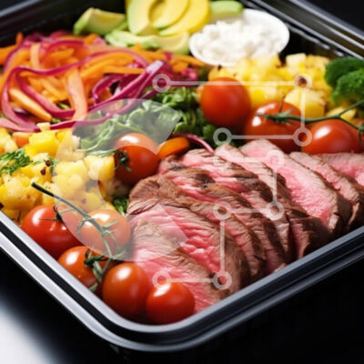 Intra Συλλεκτικό Ξύλινο Παζλ Plywood  4mm - Ανάμεικτα λαχανικά και κρέατα σε μαύρο δίσκο Σε Ξύλινο Κουτί - Διαστάσεις: 10x10 cm – 25 κομμάτια - Image 1