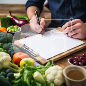 Intra Συλλεκτικό Ξύλινο Παζλ Plywood  4mm - Άνθρωπος που γράφει ανάμεσα σε φρούτα και λαχανικά Σε Ξύλινο Κουτί - Διαστάσεις: 10x10 cm – 25 κομμάτια