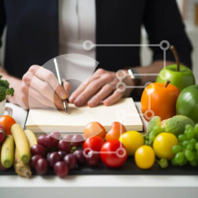 Intra Συλλεκτικό Ξύλινο Παζλ Plywood  4mm - Γυναίκα που γράφει ανάμεσα σε φρούτα και λαχανικά Σε Ξύλινο Κουτί - Διαστάσεις: 10x10 cm – 25 κομμάτια - Image 1