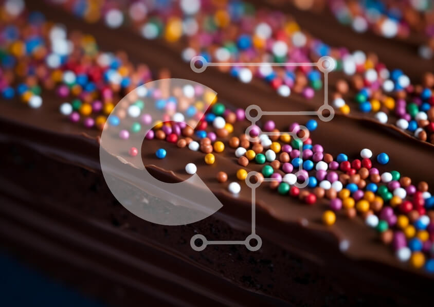 Intra Συλλεκτικό Ξύλινο Παζλ Plywood  4mm - Κοντινό πλάνο του επιδορπίου σοκολάτας με πολύχρωμα ψεκάσματα Σε Ξύλινο Κουτί - Διαστάσεις: 10x10 cm – 25 κομμάτια