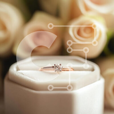 Intra Συλλεκτικό Ξύλινο Παζλ Plywood  4mm - Κομψό δαχτυλίδι αρραβώνων σε ροζ χρυσό σκηνικό με κρεμ τριαντάφυλλα Σε Ξύλινο Κουτί - Διαστάσεις: 10x10 cm – 25 κομμάτια - Image 1