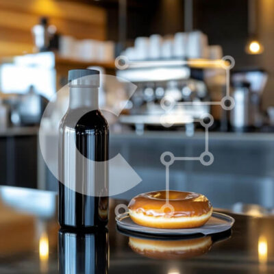 Intra Συλλεκτικό Ξύλινο Παζλ Plywood  4mm - Μαύρο μπουκάλι νερού και γυαλισμένο ντόνατ σε σκηνικό καφέ Σε Ξύλινο Κουτί - Διαστάσεις: 10x10 cm – 25 κομμάτια - Image 1