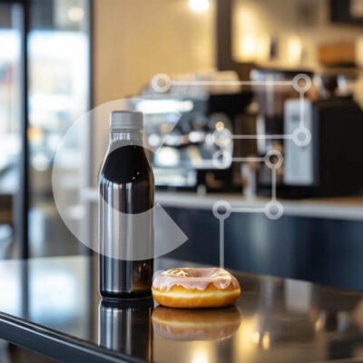 Intra Συλλεκτικό Ξύλινο Παζλ Plywood  4mm - Μαύρο μπουκάλι νερού και ντόνατ στο σύγχρονο καφέ Σε Ξύλινο Κουτί - Διαστάσεις: 10x10 cm – 25 κομμάτια - Image 1