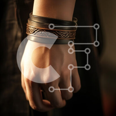 Intra Συλλεκτικό Ξύλινο Παζλ Plywood  4mm - Κοντινό πλάνο ενός χεριού με δερμάτινα και διακοσμητικά βραχιόλια Σε Ξύλινο Κουτί - Διαστάσεις: 10x10 cm – 25 κομμάτια - Image 1