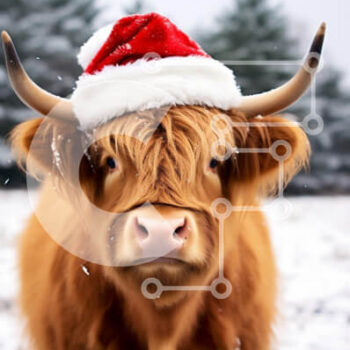 Intra Συλλεκτικό Ξύλινο Παζλ Plywood  4mm - Αγελάδα Highland με καπέλο Santa στο χειμερινό τοπίο Σε Ξύλινο Κουτί - Διαστάσεις: 10x10 cm – 25 κομμάτια - Image 1