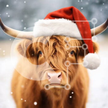 Intra Συλλεκτικό Ξύλινο Παζλ Plywood  4mm - Αγελάδα Highland με καπέλο Santa στο χιονισμένο τοπίο Σε Ξύλινο Κουτί - Διαστάσεις: 10x10 cm – 25 κομμάτια - Image 1