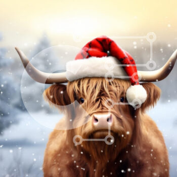 Intra Συλλεκτικό Ξύλινο Παζλ Plywood  4mm - Αγελάδα Highland με καπέλο Santa στο χιονισμένο τοπίο Σε Ξύλινο Κουτί - Διαστάσεις: 10x10 cm – 25 κομμάτια - Image 1