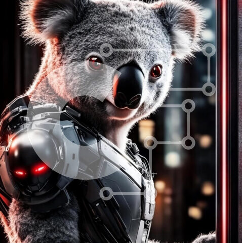 Intra Συλλεκτικό Ξύλινο Παζλ Plywood  4mm - Φουτουριστικό κοάλα σε αστικό περιβάλλον Σε Ξύλινο Κουτί - Διαστάσεις: 10x10 cm – 25 κομμάτια - Image 1