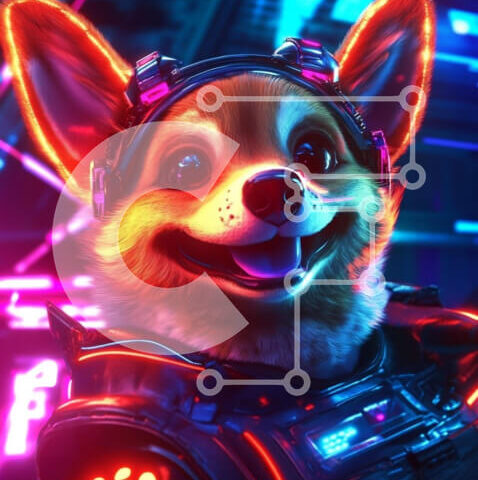 Intra Συλλεκτικό Ξύλινο Παζλ Plywood  4mm - Happy Corgi σε φουτουριστικό σκηνικό με φώτα νέον Σε Ξύλινο Κουτί - Διαστάσεις: 10x10 cm – 25 κομμάτια - Image 1