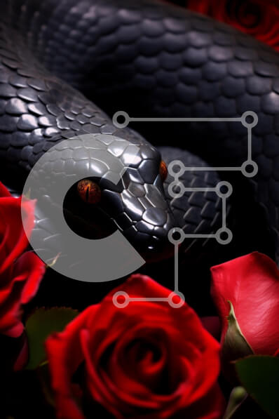 Intra Συλλεκτικό Ξύλινο Παζλ Plywood  4mm - Μαύρο φίδι ανάμεσα σε κόκκινα τριαντάφυλλα Σε Ξύλινο Κουτί - Διαστάσεις: 10x10 cm – 25 κομμάτια