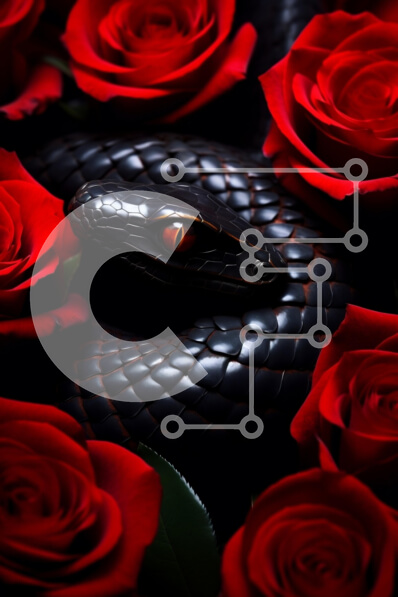 Intra Συλλεκτικό Ξύλινο Παζλ Plywood  4mm - Μαύρο φίδι ανάμεσα σε κόκκινα τριαντάφυλλα Σε Ξύλινο Κουτί - Διαστάσεις: 10x10 cm – 25 κομμάτια