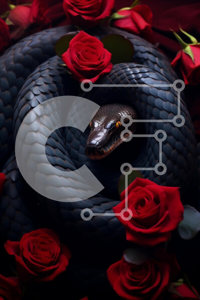 Intra Συλλεκτικό Ξύλινο Παζλ Plywood  4mm - Μαύρο φίδι ανάμεσα σε κόκκινα τριαντάφυλλα Σε Ξύλινο Κουτί - Διαστάσεις: 10x10 cm – 25 κομμάτια