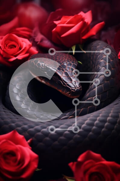 Intra Συλλεκτικό Ξύλινο Παζλ Plywood  4mm - Μαύρο φίδι κουλουριασμένο ανάμεσα σε κόκκινα τριαντάφυλλα Σε Ξύλινο Κουτί - Διαστάσεις: 10x10 cm – 25 κομμάτια