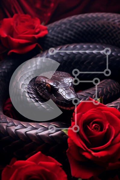 Intra Συλλεκτικό Ξύλινο Παζλ Plywood  4mm - Μαύρο φίδι ανάμεσα σε κόκκινα τριαντάφυλλα Σε Ξύλινο Κουτί - Διαστάσεις: 10x10 cm – 25 κομμάτια