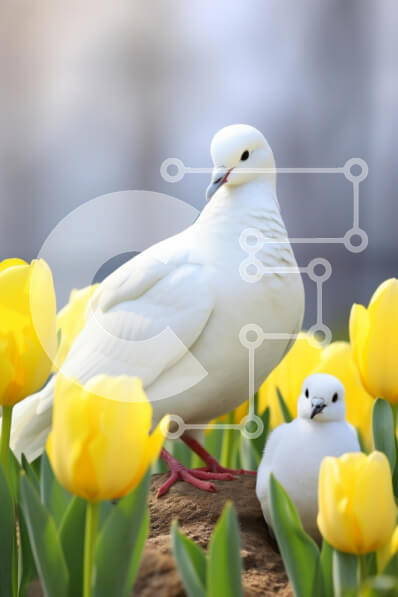 Intra Συλλεκτικό Ξύλινο Παζλ Plywood  4mm - Λευκό Περιστέρι και γκόμενος που περιβάλλεται από τουλίπες Σε Ξύλινο Κουτί - Διαστάσεις: 10x10 cm – 25 κομμάτια