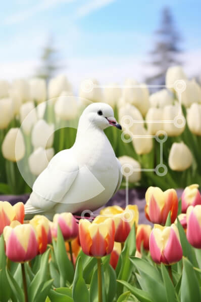 Intra Συλλεκτικό Ξύλινο Παζλ Plywood  4mm - Περιστέρι σε έναν ανοιξιάτικο κήπο τουλιπών Σε Ξύλινο Κουτί - Διαστάσεις: 10x10 cm – 25 κομμάτια