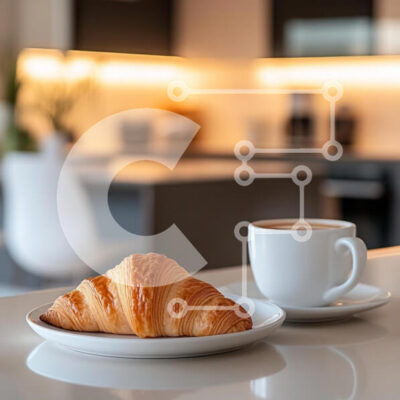 Intra Συλλεκτικό Ξύλινο Παζλ Plywood 4mm - Κρουασάν και καφές σε μια μοντέρνα κουζίνα Σε Ξύλινο Κουτί - Διαστάσεις: 10x10 cm – 25 κομμάτια - Image 1