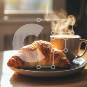 Intra Συλλεκτικό Ξύλινο Παζλ Plywood  4mm - Νόστιμο κρουασάν με καφέ σε ζεστό πρωινό φως Σε Ξύλινο Κουτί - Διαστάσεις: 10x10 cm – 25 κομμάτια