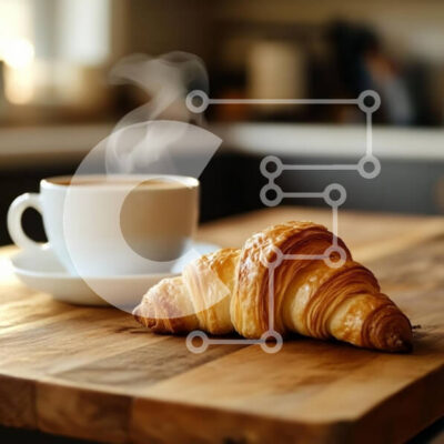 Intra Συλλεκτικό Ξύλινο Παζλ Plywood  4mm - Νόστιμο κρουασάν με καφέ σε ξύλινο τραπέζι Σε Ξύλινο Κουτί - Διαστάσεις: 10x10 cm – 25 κομμάτια - Image 1