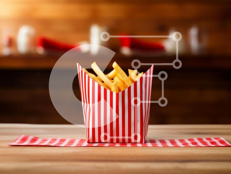 Intra Συλλεκτικό Ξύλινο Παζλ Plywood  4mm - Νόστιμες τηγανιτές πατάτες σε ριγέ δοχείο Σε Ξύλινο Κουτί - Διαστάσεις: 10x10 cm – 25 κομμάτια