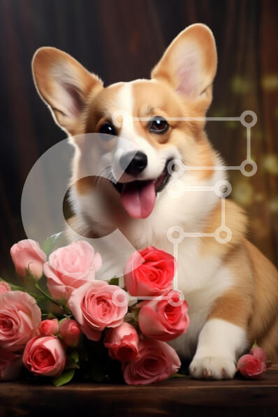 Intra Συλλεκτικό Ξύλινο Παζλ Plywood  4mm - Σκύλος Corgi που περιβάλλεται από ροζ τριαντάφυλλα Σε Ξύλινο Κουτί - Διαστάσεις: 10x10 cm – 25 κομμάτια