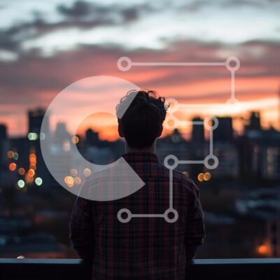 Intra Συλλεκτικό Ξύλινο Παζλ Plywood  4mm - Πρόσωπο που παρακολουθεί το ηλιοβασίλεμα πάνω από τον ορίζοντα της πόλης Σε Ξύλινο Κουτί - Διαστάσεις: 10x10 cm – 25 κομμάτια - Image 1