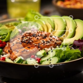 Intra Συλλεκτικό Ξύλινο Παζλ Plywood  4mm - Φρέσκια σαλάτα σολομού με αβοκάντο και λαχανικά Σε Ξύλινο Κουτί - Διαστάσεις: 10x10 cm – 25 κομμάτια - Image 1