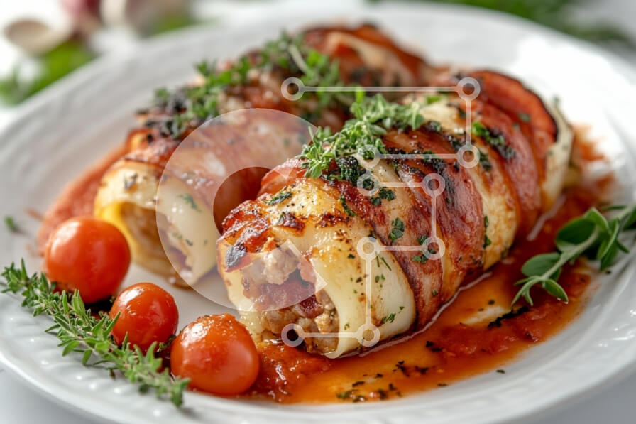 Intra Συλλεκτικό Ξύλινο Παζλ Plywood  4mm - Λαχταριστά ρολά τυλιγμένα με μπέικον σε ένα πιάτο Σε Ξύλινο Κουτί - Διαστάσεις: 10x10 cm – 25 κομμάτια