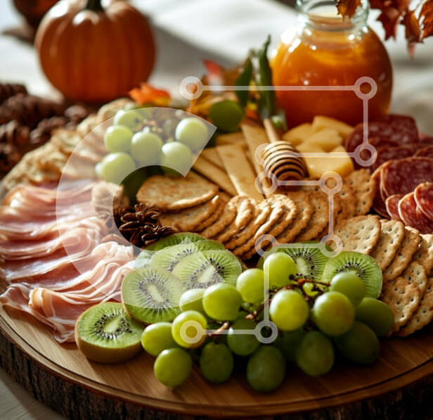 Intra Συλλεκτικό Ξύλινο Παζλ Plywood  4mm - Φθινοπωρινός πίνακας αλλαντικών με φρούτα και κρέατα Σε Ξύλινο Κουτί - Διαστάσεις: 10x10 cm – 25 κομμάτια