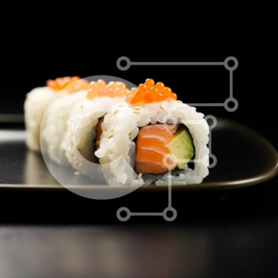 Intra Συλλεκτικό Ξύλινο Παζλ Plywood  4mm - Ρολά σούσι με σολομό και αγγούρι σε μαύρο πιάτο Σε Ξύλινο Κουτί - Διαστάσεις: 10x10 cm – 25 κομμάτια - Image 1