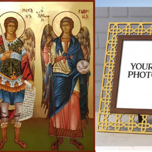 Εικόνα Ορθοδοξίας Πολυτελείας  με  σχεδιο Σταυρούς μαζι με  Βάση σε  8 χρώματα με περίγραμμα χρυσό σε ξύλο Plywood (Πλακάζ)   με  βάση Εικόνα Σύναξη Αρχαγγέλων Μιχαήλ και Γαβριήλ Χειροποίητη Ελληνορθόδοξη , Κρεμαστή πλάκα βυζαντινής τέχνης, χριστιανική τέχνη Διάσταση 10x7 cm (3,9 x 2,8 ίντσες) INTRAEK3kadro3211-670403