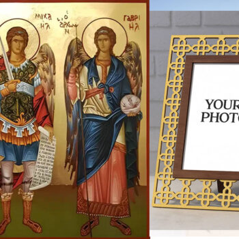 Εικόνα Ορθοδοξίας Πολυτελείας  με  σχεδιο Σταυρούς μαζι με  Βάση σε  8 χρώματα με περίγραμμα χρυσό σε ξύλο Plywood (Πλακάζ)   με  βάση Εικόνα Σύναξη Αρχαγγέλων Μιχαήλ και Γαβριήλ Χειροποίητη Ελληνορθόδοξη , Κρεμαστή πλάκα βυζαντινής τέχνης, χριστιανική τέχνη Διάσταση 10x7 cm (3,9 x 2,8 ίντσες) INTRAEK3kadro3211-670403 - Image 1