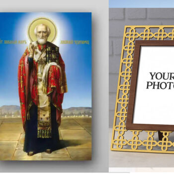 Εικόνα Ορθοδοξίας Πολυτελείας  με  σχεδιο Σταυρούς μαζι με  Βάση σε  8 χρώματα με περίγραμμα χρυσό σε ξύλο Plywood (Πλακάζ)   με  βάση Εικόνα του Αγίου Νικολάου - Χειροποίητη Ελληνορθόδοξη , Κρεμαστή πλάκα βυζαντινής τέχνης, χριστιανική τέχνη Διάσταση 21x15 cm (8,3 x 5,9 ίντσες) INTRAEK3kadro3211-321302 - Image 1