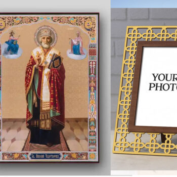 Εικόνα Ορθοδοξίας Πολυτελείας  με  σχεδιο Σταυρούς μαζι με  Βάση σε  8 χρώματα με περίγραμμα χρυσό σε ξύλο Plywood (Πλακάζ)   με  βάση Εικόνα του Αγίου Νικολάου - Χειροποίητη Ελληνορθόδοξη , Κρεμαστή πλάκα βυζαντινής τέχνης, χριστιανική τέχνη Διάσταση 21x15 cm (8,3 x 5,9 ίντσες) INTRAEK3kadro3211-321315 - Image 1