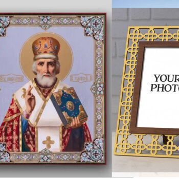 Εικόνα Ορθοδοξίας Πολυτελείας  με  σχεδιο Σταυρούς μαζι με  Βάση σε  8 χρώματα με περίγραμμα χρυσό σε ξύλο Plywood (Πλακάζ)   με  βάση Εικόνα του Αγίου Νικολάου - Χειροποίητη Ελληνορθόδοξη , Κρεμαστή πλάκα βυζαντινής τέχνης, χριστιανική τέχνη Διάσταση 15x11 cm (5,9 x 4,3 ίντσες) INTRAEK3kadro3211-21062 - Image 1