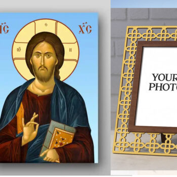 Εικόνα Ορθοδοξίας Πολυτελείας  με  σχεδιο Σταυρούς μαζι με  Βάση σε  8 χρώματα με περίγραμμα χρυσό σε ξύλο Plywood (Πλακάζ)   με  βάση Εικόνα του Ιησού Χριστού - Χειροποίητη Ελληνορθόδοξη , Κρεμαστή πλάκα βυζαντινής τέχνης, χριστιανική τέχνη Διάσταση 21x15 cm (8,3 x 5,9 ίντσες) INTRAEK3kadro3211-321233 - Image 1