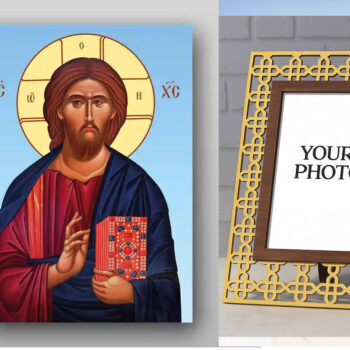 Εικόνα Ορθοδοξίας Πολυτελείας  με  σχεδιο Σταυρούς μαζι με  Βάση σε  8 χρώματα με περίγραμμα χρυσό σε ξύλο Plywood (Πλακάζ)   με  βάση Εικόνα του Ιησού Χριστού - Χειροποίητη Ελληνορθόδοξη , Κρεμαστή πλάκα βυζαντινής τέχνης, χριστιανική τέχνη Διάσταση 21x15 cm (8,3 x 5,9 ίντσες) INTRAEK3kadro3211-321322 - Image 1